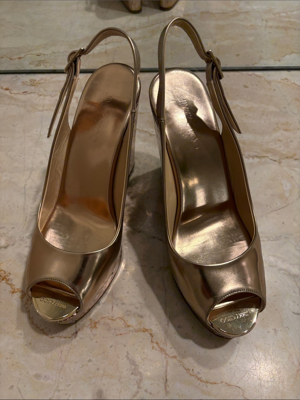 Jimmy Choo Prova Mirror Leather Metallic Wedge Peep-Toe Slingback Heels. 36/6.